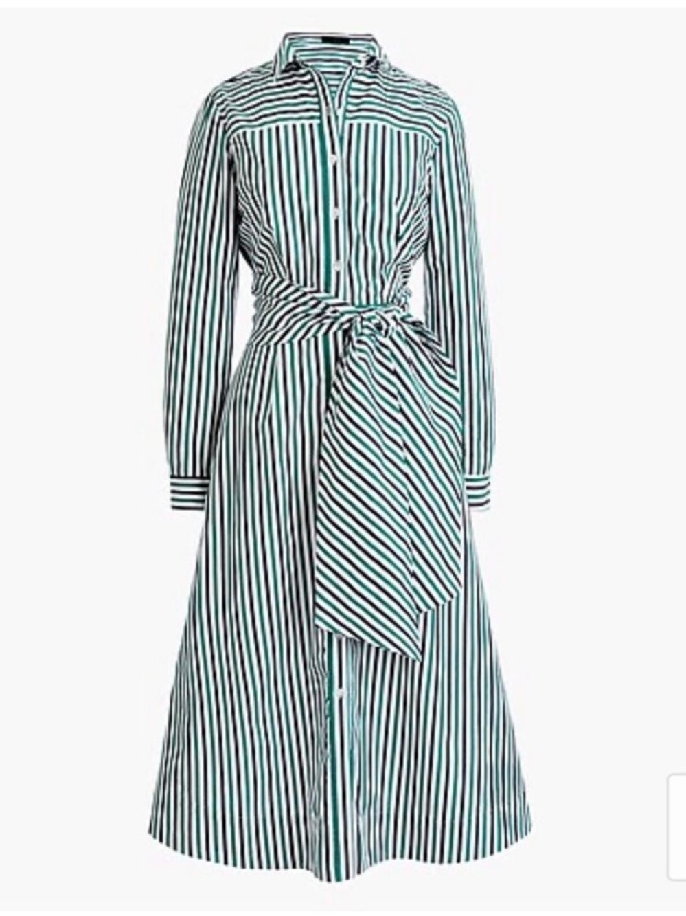 J. Crew Green navy White Stripe Tie-Waist Midi Shirt button front 2 collar Dress